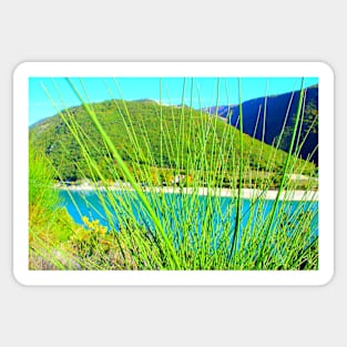 View at spiky vegetation partly hiding Lago di Fiastra Sticker